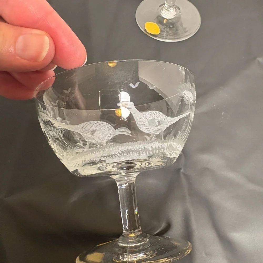 Vintage Etched East Germany Crystal Coupe Set Hunting/Wildlife Scene